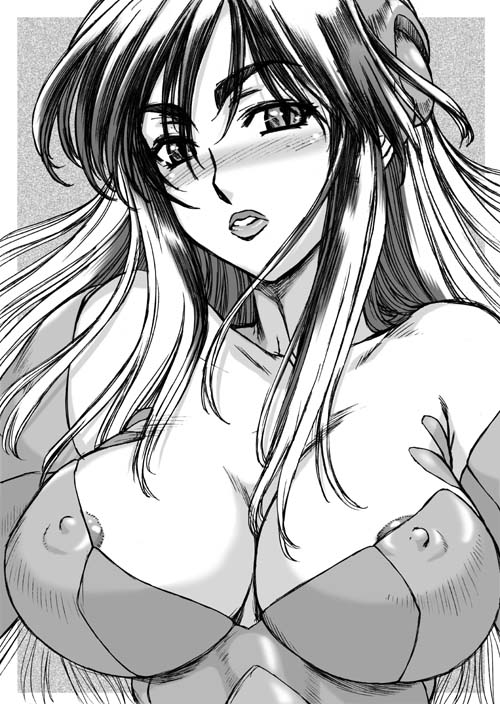 hanzaki jirou, 1girl, breasts, cleavage, covered erect nipples, female focus, greyscale, huge breasts, lips, monochrome, solo