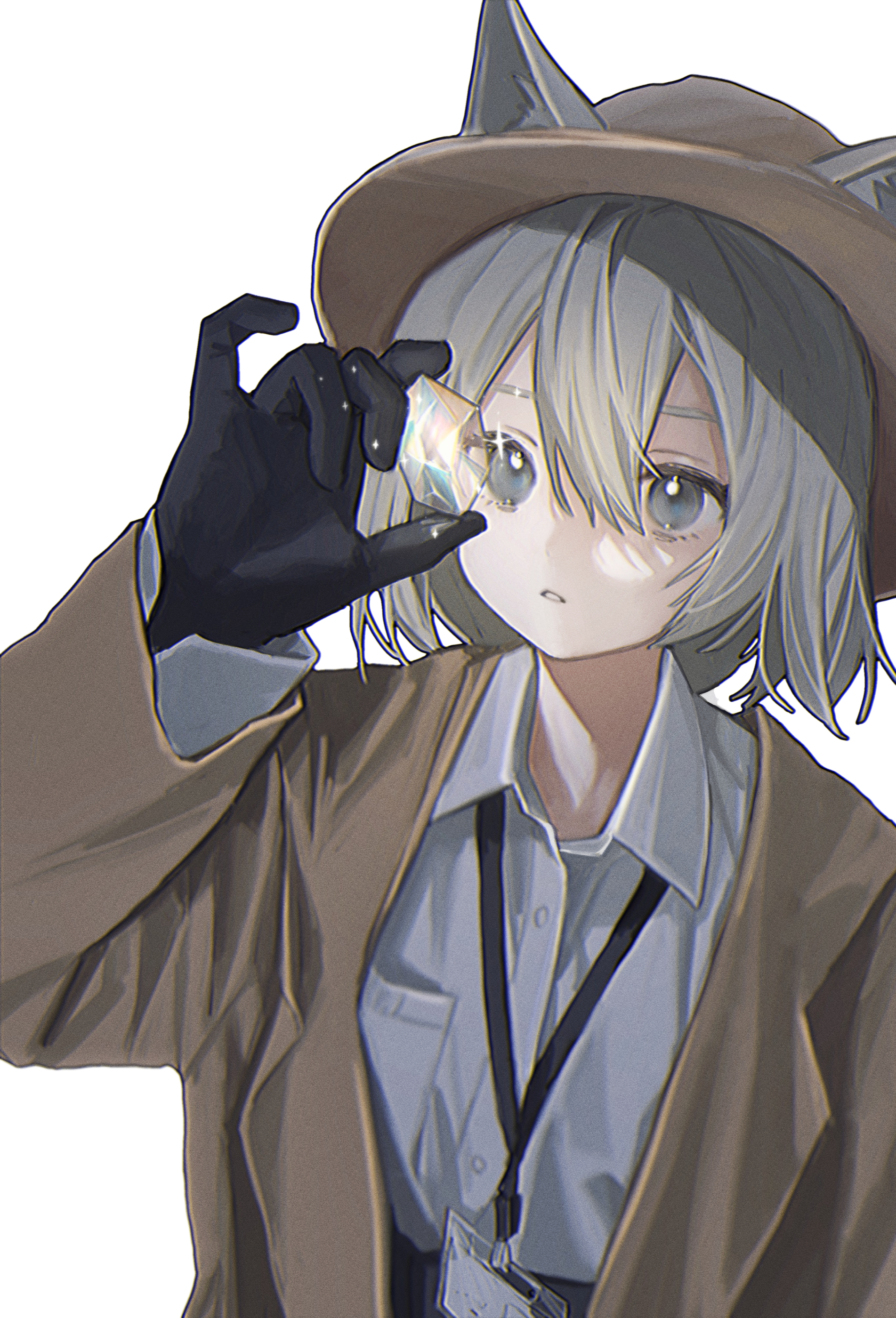 zumochi, original, absurdres, highres, 1girl, animal ears, black gloves, blue eyes, brown coat, brown hat, cat ears, coat, collared shirt, ears through headwear, gem, gloves, grey hair, hair between eyes, hat, holding, holding gem, id card, long sleeves, open clothes, open coat, parted lips, shirt, simple background, solo, sparkle, upper body, white background, white shirt