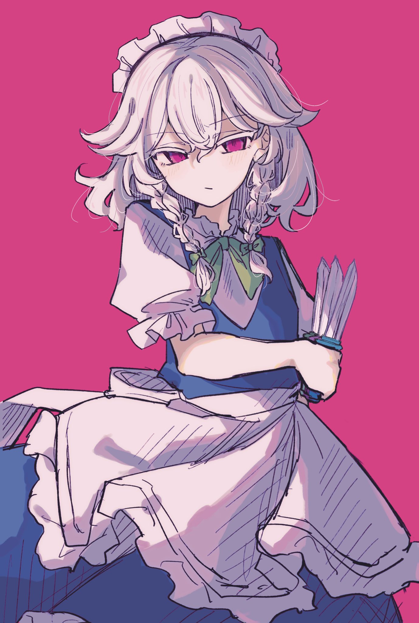 izayoi sakuya, touhou, highres, 1girl, apron, blue dress, bow, braid, dress, green bow, grey hair, half-closed eyes, headband, holding, holding knife, knife, looking at viewer, maid, maid apron, maid headdress, okura 0915, pink background, pink eyes, simple background, solo, twin braids, waist apron, white headband