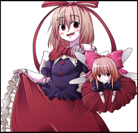 nekonote (nekono paraiso), medicine melancholy, su-san, touhou, 1girl, blonde hair, doll joints, dress, female focus, joints, red dress, red eyes, short hair, simple background, smile, solo, white background