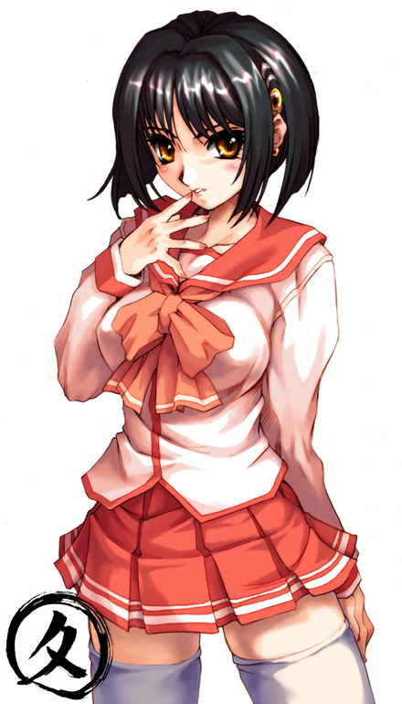 hisahiko, katia grineal, banpresto, super robot wars, super robot wars judgement, to heart (series), to heart 2, 1girl, black hair, blush, bow, breasts, collarbone, cowboy shot, cropped legs, crossover, female focus, finger to mouth, hair ornament, hand up, long sleeves, looking at viewer, miniskirt, neckerchief, parody, pink shirt, pleated skirt, red skirt, sailor collar, school uniform, serafuku, shirt, short hair, signature, simple background, skirt, solo, thighhighs, white background, white thighhighs, yellow eyes, zettai ryouiki