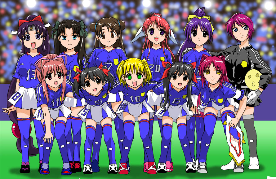 amasumi ichika, saida kazuaki, amagasaki mikoto, hinagiku lala, hinagiku lulu, itou noemi, katase shima, kousaka tamaki, lunamaria hawke, maria short, onsokumaru, rokumatsuri minazuki, shinobu (ninin ga shinobuden), tohsaka rin, 2002 fifa world cup, fate/stay night, fate (series), futakoi, gundam, gundam seed, gundam seed destiny, happy lesson, ninin ga shinobuden, to heart (series), to heart 2, tsuki wa higashi ni hi wa nishi ni, uchuu no stellvia, with you, world cup, yuukyuu gensoukyoku, 00s, 6+girls, aqua eyes, bent over, black hair, black thighhighs, blonde hair, blue eyes, blue thighhighs, bow, braid, brown eyes, brown hair, clothes writing, crossover, double bun, everyone, green eyes, hair bow, hair bun, hair ribbon, headband, japan, leaning forward, long hair, multiple girls, pink eyes, pink hair, ponytail, purple eyes, purple hair, red hair, ribbon, shoes, siblings, sisters, skirt, smile, sneakers, soccer, standing, thighhighs, twins, twintails, very long hair, yellow eyes, zettai ryouiki