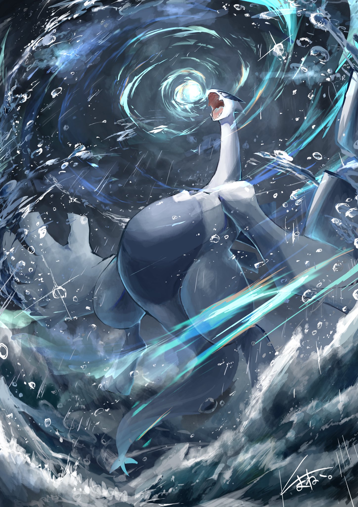 ekaki panda, lugia, nintendo, pokemon, highres, artist name, gen 2 pokemon, legendary pokemon, no humans, open mouth, pokemon (creature), pokemon focus, signature, solo, swirl, tail, water, water drop, wings