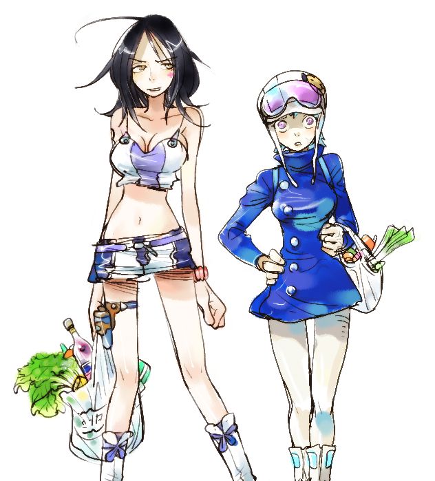 eureka (eureka seven), talho yuuki, eureka seven, eureka seven (series), white footwear, 00s, 2girls, bag, black hair, boots, bottle, brown eyes, female focus, food, goggles, green hair, groceries, helmet, jacket, miniskirt, multiple girls, pants, plastic bag, purple eyes, skirt, spring onion, strapless, thigh strap, tube top, vegetable