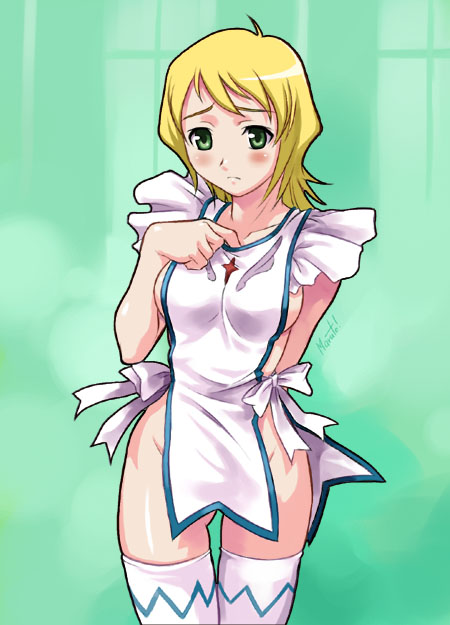 maruto!, erstin ho, my-otome, 00s, 1girl, adjusting clothes, apron, arm behind back, blonde hair, blush, cowboy shot, female focus, gluteal fold, green background, green eyes, naked apron, no dress, solo, thigh gap, thighhighs, white thighhighs