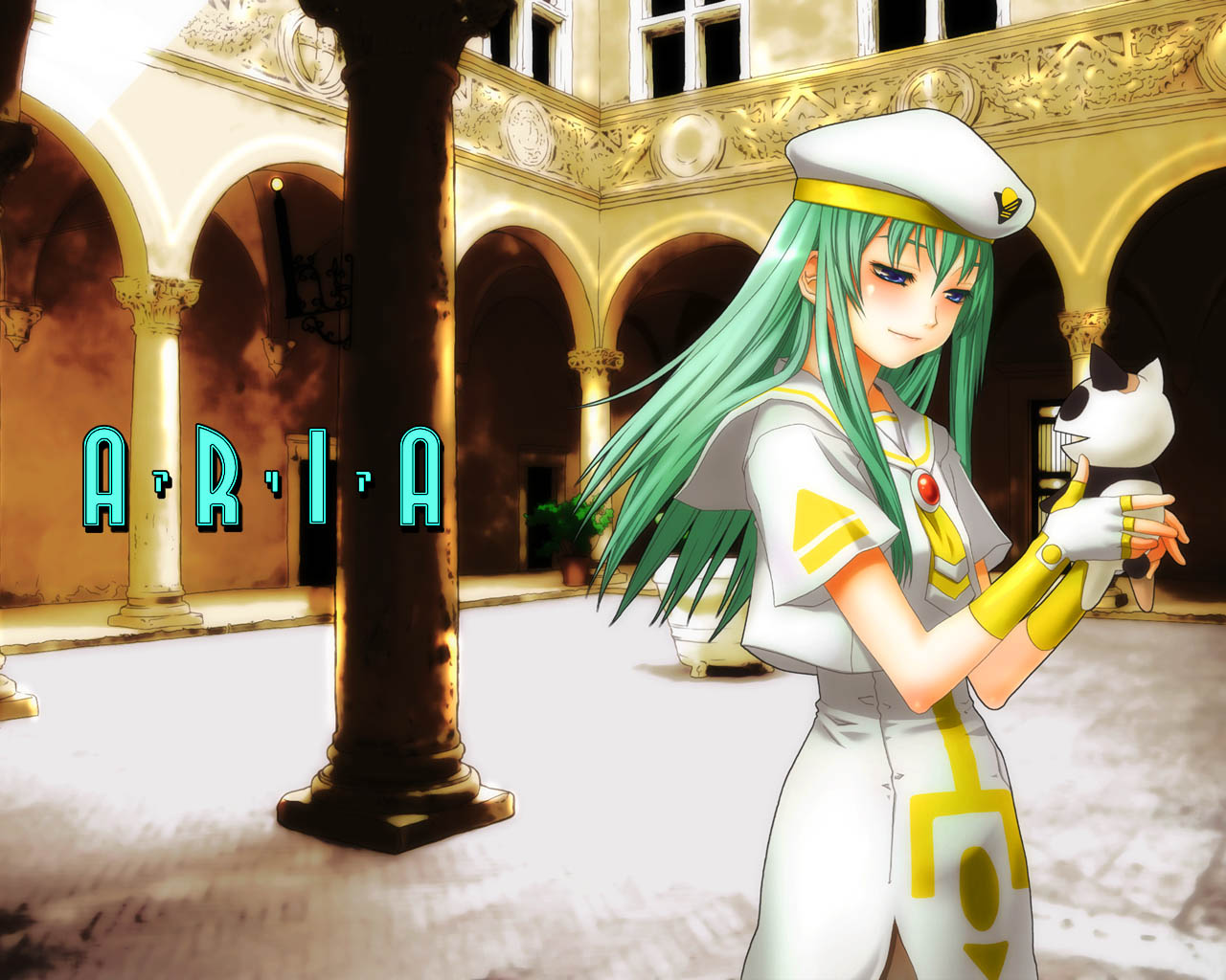 azumi amane, soshina nohito, alice carroll, president maa, aria (manga), uniform, 00s, 1girl, blue eyes, cat, copyright name, dress, female focus, fingerless gloves, gloves, green hair, hat, long hair, looking at another, solo, standing