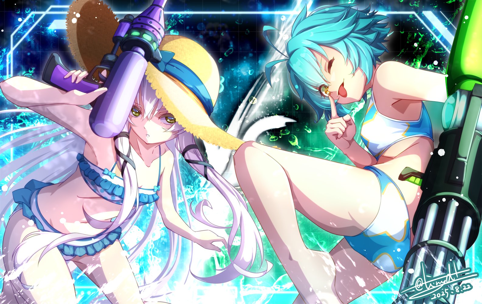tinybiard, altina orion, millium orion, eiyuu densetsu, sen no kiseki, sen no kiseki (series), sen no kiseki iii, 2girls, ahoge, bikini, blue hair, breasts, dated, double-parted bangs, floating hair, frilled bikini, frilled bikini top, frills, gatling gun, green eyes, gun, hair between eyes, handgun, hat, hat ribbon, holding, holding gun, holding weapon, long hair, looking at viewer, multiple girls, one eye closed, ribbon, short hair, siblings, signature, sisters, small breasts, sun hat, swimsuit, tongue, tongue out, twitter username, two side up, water, water drop, weapon, white hair, yellow eyes