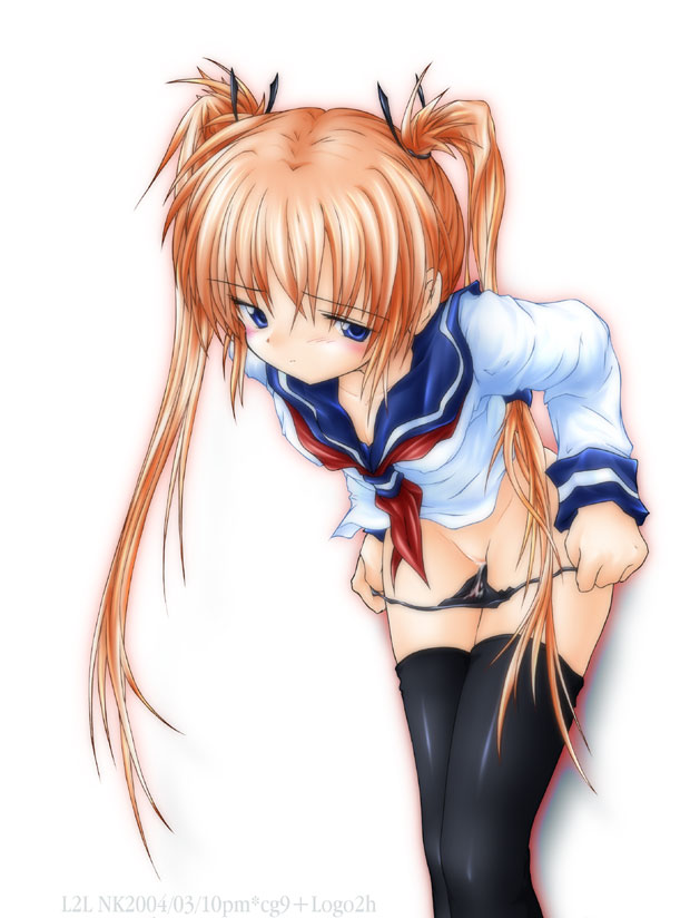 nobuyuki, original, 1girl, black panties, black thighhighs, blue eyes, blush, bottomless, brown hair, female focus, groin, hair ribbon, leaning forward, long hair, no pants, panties, panty pull, ribbon, school uniform, serafuku, solo, standing, thighhighs, twintails, underwear, very long hair