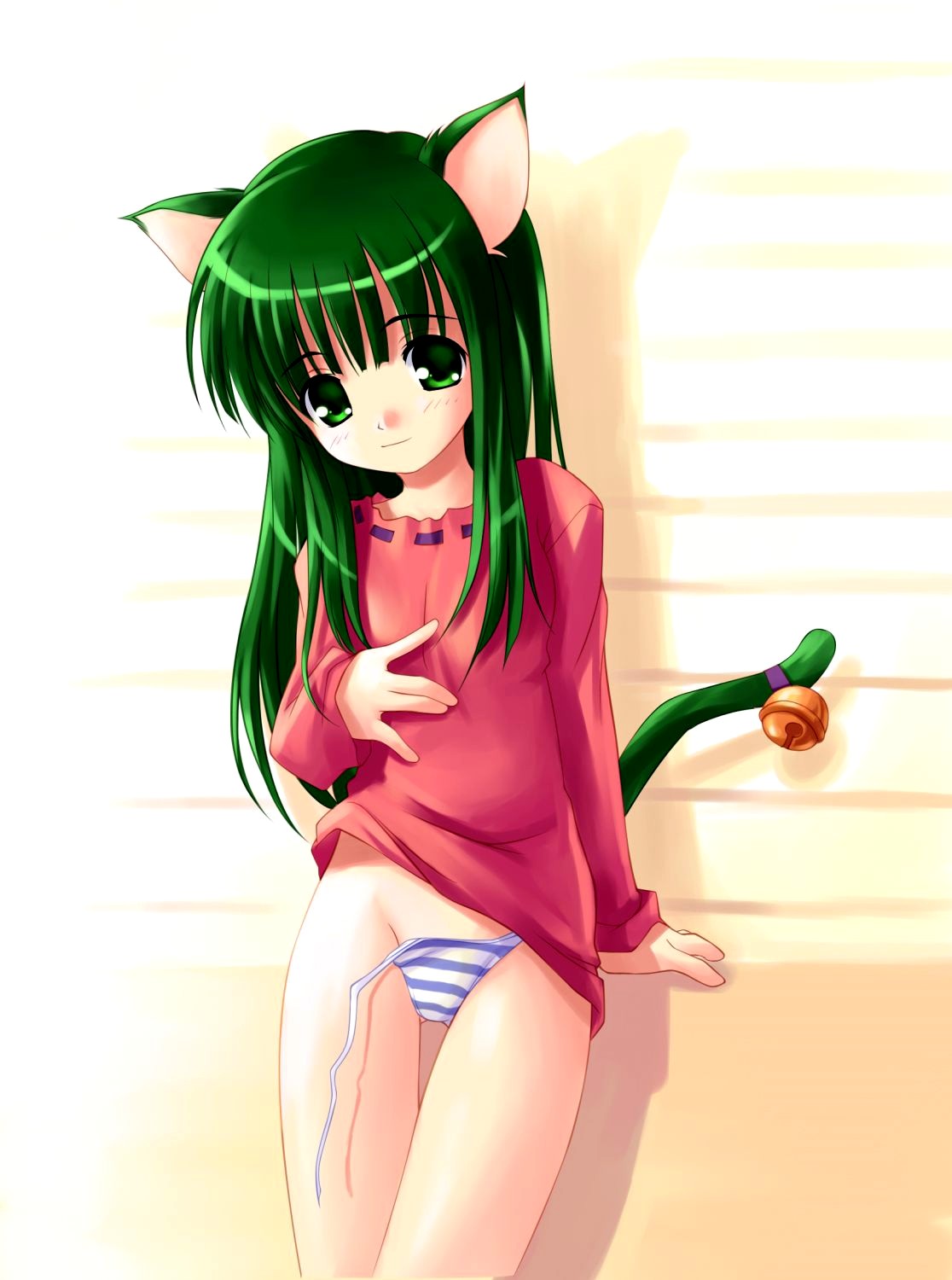 akamaru, untied, highres, 1girl, animal ears, arm support, bell, blue panties, blush, bottomless, cat ears, cat tail, clothes lift, female focus, flat chest, green eyes, green hair, long hair, long sleeves, matching hair/eyes, no pants, panties, shirt, shirt lift, side-tie panties, solo, standing, striped clothes, striped panties, tail, thigh gap, thighs, underwear