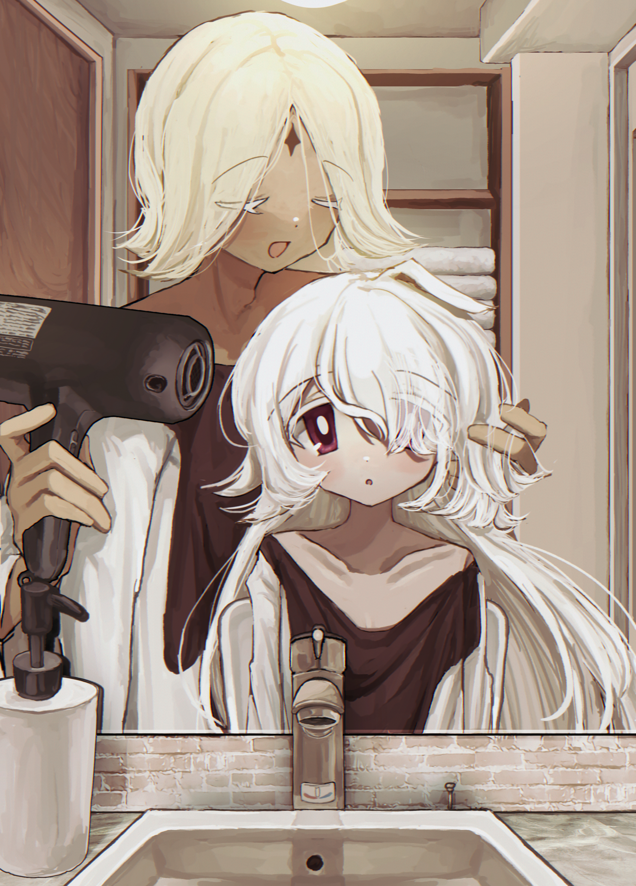 m1tky, pure vanilla cookie, white lily cookie, cookie run, cookie run: kingdom, absurdres, commentary request, highres, 1boy, 1girl, :d, :o, adam's apple, androgynous, arms at sides, bare shoulders, bathroom, blonde hair, bottle, chromatic aberration, closed eyes, colored eyelashes, dark-skinned male, dark skin, door, dot nose, eyes visible through hair, flipped hair, forehead jewel, hair dryer, hair flaps, hair over one eye, hand in another's hair, holding, holding hair dryer, humanization, indoors, long hair, looking at mirror, mirror, off shoulder, open mouth, parted bangs, pink eyes, robe, shelf, short hair, sink, smile, soap bottle, straight-on, tongue, u u, upper body, white eyelashes, white hair, white robe
