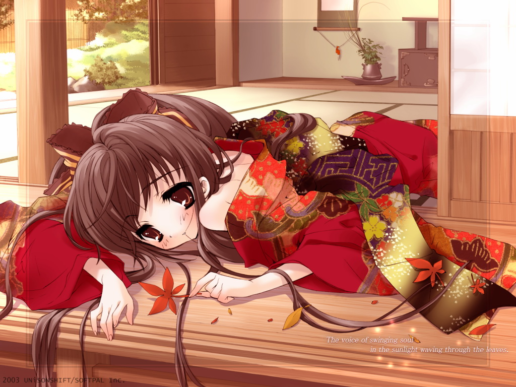 ito noizi, sui (komorebi), komorebi ni yureru tamashii no koe, original, interior, 00s, 1girl, 2003, autumn, bare shoulders, blush, bow, brown eyes, brown hair, english text, expressionless, female focus, floral print, garden, hair bow, hair in own mouth, indoors, japanese clothes, kimono, leaf, long hair, looking at viewer, lying, maple leaf, obi, off shoulder, ponytail, porch, red kimono, ribbon, sash, sliding doors, solo, very long hair, yukata