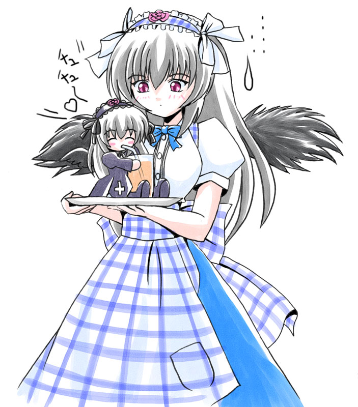 suigintou, rozen maiden, md5 mismatch, resolution mismatch, source larger, 00s, 1girl, ^ ^, apron, black feathers, blouse, closed eyes, cup, drinking, drinking glass, feathers, female focus, gingham apron, hair between eyes, kobeya uniform, lolita fashion, plaid apron, plaid clothes, shirt, simple background, solo, waitress, white background, white shirt