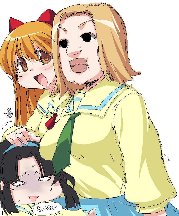 onija tarou, akiyama otome, shiratori suzune, pani poni dash!, 00s, 3girls, arrow (symbol), black hair, blush, bow, breasts, fat, hair bow, hairband, headpat, long hair, medium breasts, multiple girls, necktie, o o, oekaki, orange hair, school uniform, serafuku, shaded face, short hair, smile, sweatdrop