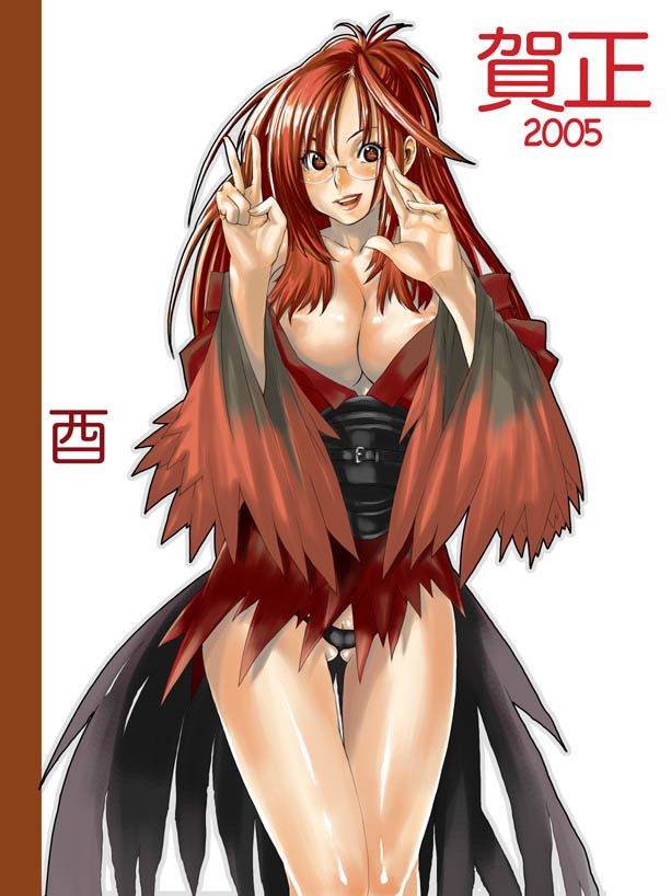 ooshima ryou, original, 00s, 1girl, 2005, black panties, breasts, bustier, cameltoe, chinese zodiac, corset, female focus, glasses, large breasts, lingerie, new year, nipples, panties, red hair, solo, underwear, year of the rooster