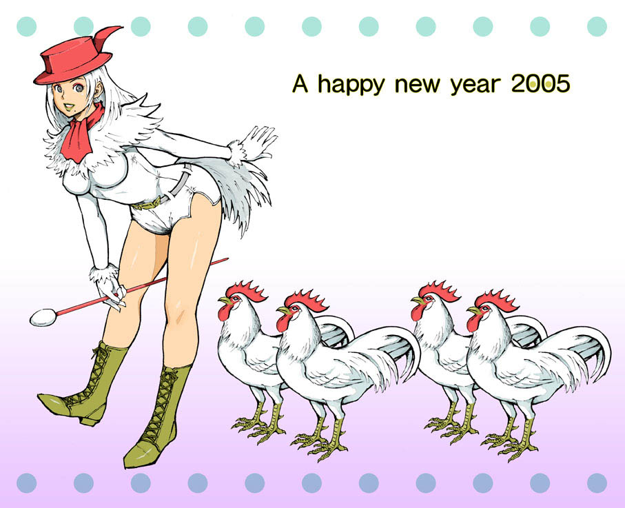 side (sideblog), original, baton, 00s, 1girl, 2005, bird, chicken, chicken costume, chinese zodiac, female focus, grey eyes, hat, lipstick, makeup, mole, new year, rooster, solo, what, white hair, year of the rooster