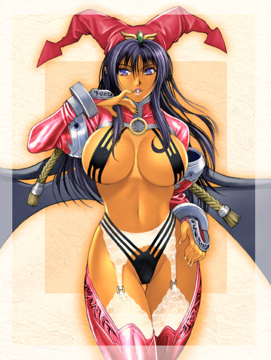 homare (fool's art), porno dianno, bastard!!, hand on thigh, 1girl, black hair, black panties, boots, breasts, breasts apart, female focus, finger to mouth, fingernails, garter belt, garter straps, hat, highleg, highleg panties, hip focus, huge breasts, jester cap, lingerie, lips, long fingernails, long hair, looking at viewer, navel, panties, parted lips, purple eyes, revealing clothes, solo, standing, thigh boots, thigh gap, thighhighs, thighs, twintails, underwear, wings