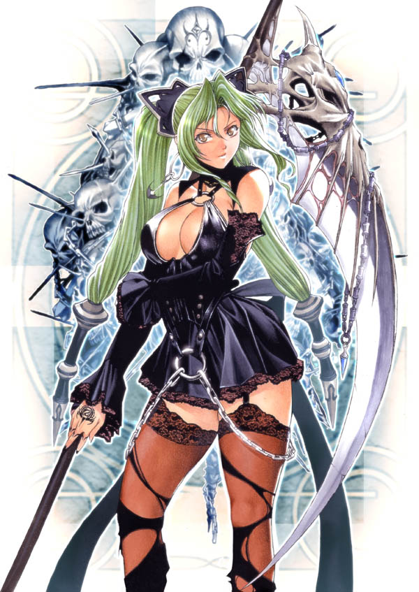 homare (fool's art), arala cran, alfa system, shikigami no shiro, shikigami no shiro ii, taito, lace-trimmed legwear, 1girl, breasts, chain, cleavage, cleavage cutout, clothing cutout, detached sleeves, dress, female focus, garter straps, goth fashion, green hair, hair ornament, jewelry, lace, lace trim, large breasts, long hair, nail polish, no bra, ring, scythe, short dress, skull, smile, solo, standing, thighhighs, torn clothes, twintails, yellow eyes, zettai ryouiki