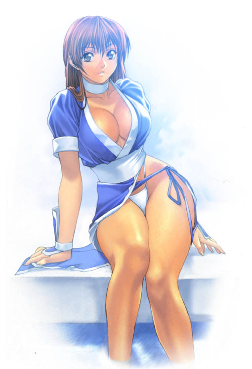 homare (fool's art), kasumi, dead or alive, tecmo, bad tag, arm support, breasts, brown eyes, brown hair, choker, cleavage, curvy, highleg, highleg panties, japanese clothes, jewelry, kimono, large breasts, long hair, necklace, ninja, no bra, panties, pool, sitting, thighs, underwear, white panties, wide hips