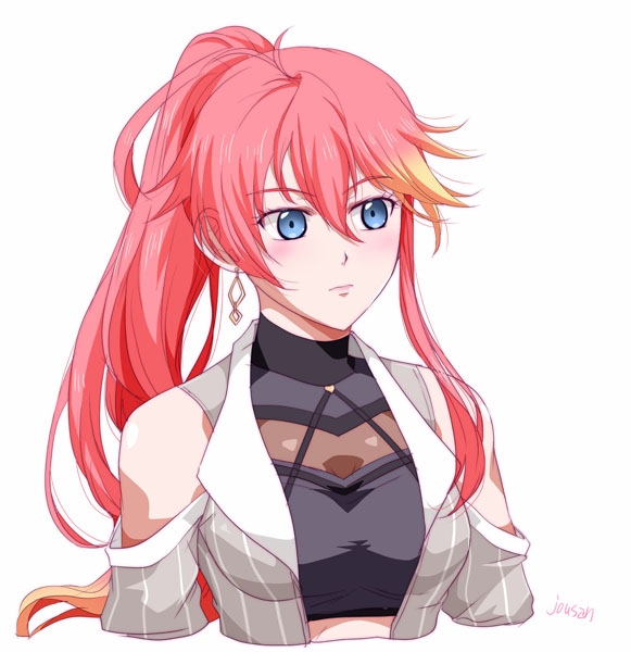 xiacheng tatsuya, judith lanster, eiyuu densetsu, kuro no kiseki, kuro no kiseki (series), kuro no kiseki ii, 1girl, artist name, bare shoulders, blonde hair, blue eyes, crop top, detached sleeves, double-parted bangs, earrings, jacket, jewelry, long hair, long single sidelock, multicolored hair, pink hair, ponytail, portrait, simple background, single earring, solo, streaked hair, white background