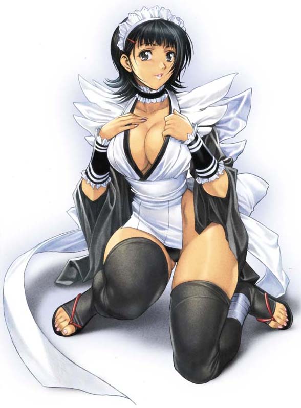 homare (fool's art), iroha (samurai spirits), samurai spirits, snk, duplicate, 1girl, black thighhighs, breasts, cleavage, female focus, flipped hair, full body, huge breasts, japanese clothes, maid, no panties, sandals, short hair, solo, thighhighs, zouri