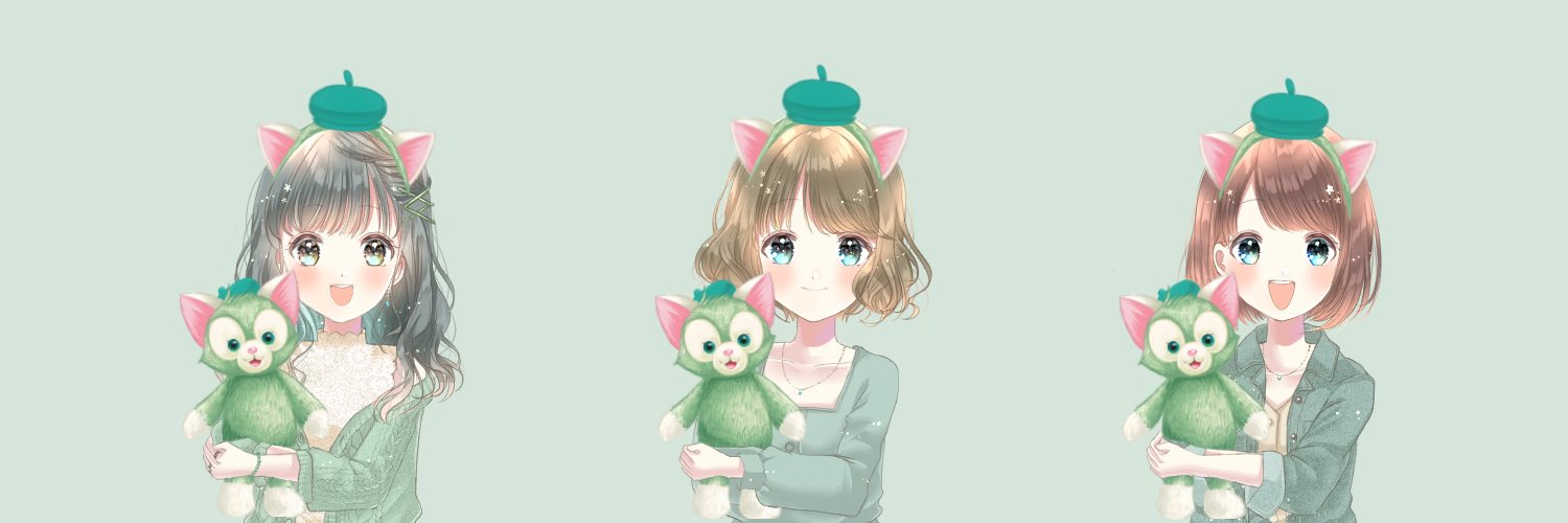 kompeitou (lemon garden), 3girls, animal ears, animification, beret, cat ears, duffy and friends, gelatoni, genderswap, hat, humanization, long hair, long sleeves, looking at viewer, multiple girls, shirt, short hair, smile, standing, stuffed animal, stuffed toy