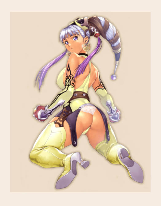 homare (fool's art), source request, 1girl, armor, ass, back, bare shoulders, belt, bodysuit, boots, border, breasts, clenched hands, covered erect nipples, earrings, elbow gloves, female focus, fingerless gloves, from behind, full body, garter straps, gloves, hair horns, halterneck, headdress, high heel boots, high heels, high ponytail, jewelry, kneeling, lace, large breasts, leotard, long hair, looking at viewer, looking back, outline, panties, parted lips, partially visible vulva, ponytail, purple eyes, shoes, sideboob, simple background, solo, strap, studded belt, tan, tattoo, thigh boots, thighhighs, thighs, thong, thong leotard, turtleneck, underwear, white hair, white panties, yellow boots