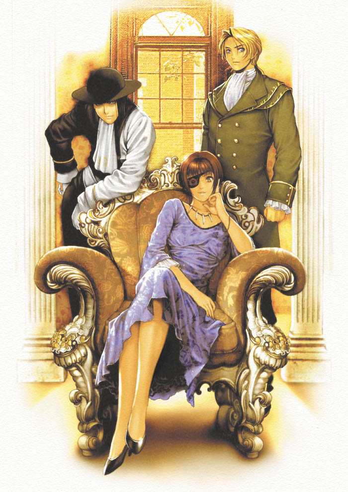 homare (fool's art), abbey (vampire panic), mary (vampire panic), rusty (vampire panic), vampire panic, black footwear, official art, 1girl, 2boys, alternate costume, arm support, ascot, black hair, black hat, blonde hair, blue dress, blue eyes, bracelet, brown eyes, brown hair, buttons, chain, chair, clenched hand, closed mouth, coat, cowboy hat, cowboy western, double-breasted, dress, eyepatch, frilled sleeves, frills, full body, gloves, green coat, green theme, hand on own hip, hat, head rest, high heels, indoors, jewelry, leaning forward, legs together, light smile, long sleeves, looking at viewer, multiple boys, necklace, on chair, one eye covered, parted lips, pillar, shoes, short hair, sitting, sleeve cuffs, standing, white gloves, window