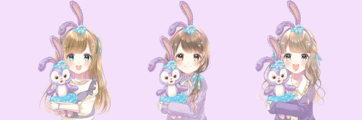 kompeitou (lemon garden), stellalou, 3girls, animal ears, animification, bow, duffy and friends, holding, humanization, long hair, long sleeves, looking at viewer, multiple girls, rabbit ears, rabbit girl, shirt, side ponytail, smile, standing, stuffed animal, stuffed toy, wavy hair