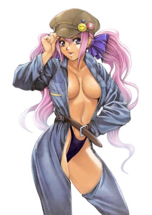 homare (fool's art), c66, shizune (homare), original, duplicate, 1girl, belt, black panties, breasts, center opening, cleavage, coveralls, female focus, hair ribbon, hand on own hip, hat, hat tip, hip focus, jumpsuit, large breasts, long hair, navel, newsboy cap, no bra, open clothes, open shirt, panties, pin, purple eyes, purple hair, purple panties, ribbon, shirt, smiley face, solo, twintails, underwear, very long hair