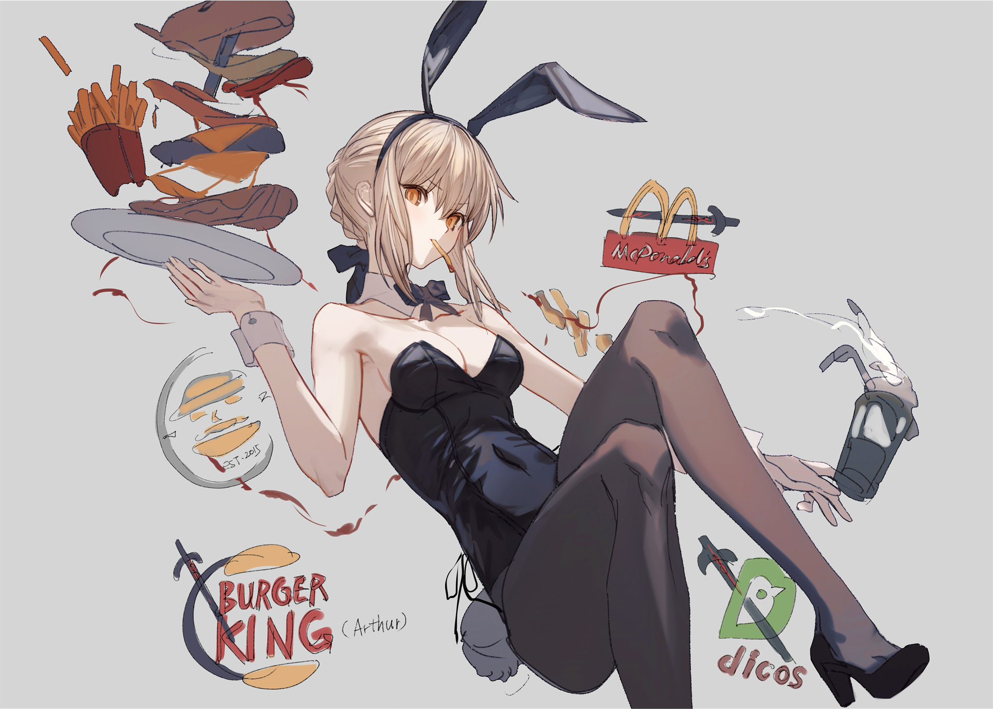 kumatangent, artoria pendragon (fate), saber alter, fate/grand order, fate (series), commentary, english commentary, highres, 1girl, animal ears, black leotard, blonde hair, bow, bowtie, braid, breasts, cleavage, covered navel, cup, detached collar, dress, fake animal ears, food, french fries, grey background, hair ribbon, leotard, looking at viewer, pantyhose, playboy bunny, rabbit ears, rabbit tail, ribbon, sidelocks, simple background, solo, strapless, strapless leotard, tail, wrist cuffs, yellow eyes