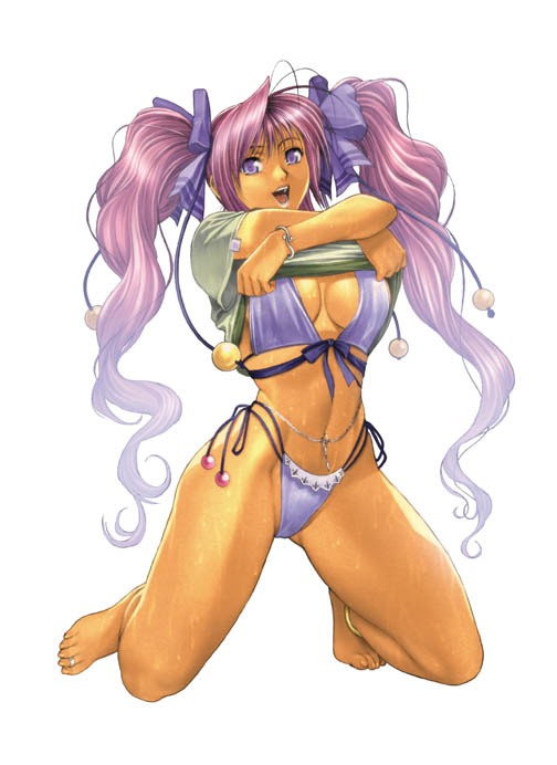 homare (fool's art), c66, shizune (homare), comiket 66, original, 1girl, anklet, barefoot, belly chain, bikini, bracelet, clothes lift, feet, female focus, full body, jewelry, kneeling, long hair, navel, navel piercing, piercing, purple eyes, purple hair, shirt lift, side-tie bikini bottom, simple background, smile, solo, swimsuit, toe ring, toes, twintails, undressing, very long hair, white background