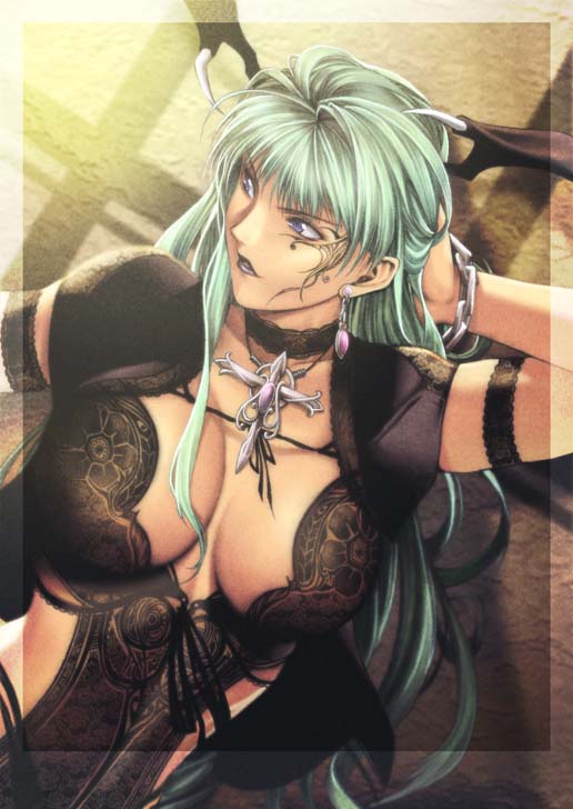 homare (fool's art), morrigan aensland, capcom, darkstalkers, 1girl, blue eyes, blue hair, breasts, bustier, choker, cleavage, corset, demon girl, female focus, goth fashion, green hair, head wings, huge breasts, jewelry, lace, leotard, lingerie, matching hair/eyes, necklace, solo, tattoo, underwear, wings