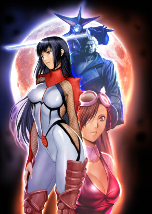 homare (fool's art), hibana, hisui (kunoichi), jimushi, kurohagane, kunoichi (game), bad tag, hand on thigh, black eyes, black hair, bodysuit, breasts, brown hair, cleavage, curvy, everyone, fishnets, full moon, glowing, goggles, goggles on head, leather, long hair, mask, moon, ninja, purple eyes, shiny clothes, short hair, skin tight, standing, sword, very long hair, weapon, white hair
