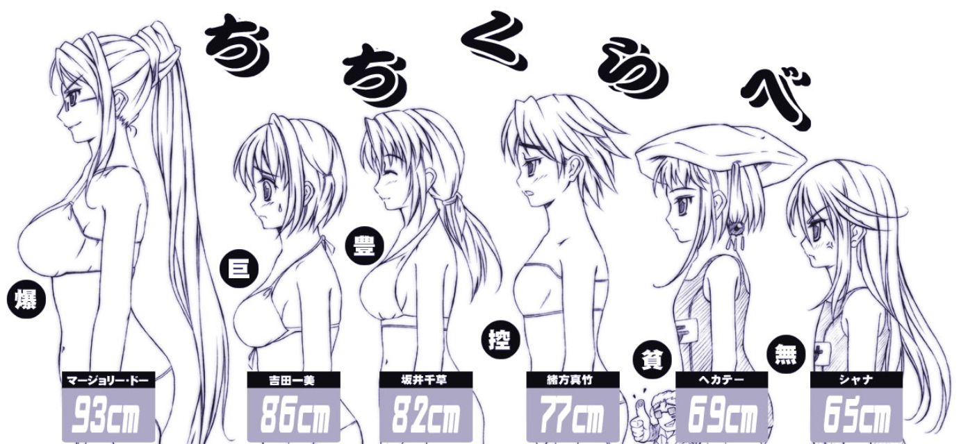 hecate (shakugan no shana), margery daw, ogata matake, sakai chigusa, shana, yoshida kazumi, shakugan no shana, long image, translated, wide image, 00s, 6+girls, angry, blush, breasts, bust chart, chart, flat chest, huge breasts, lineup, long hair, monochrome, multiple girls, one-piece swimsuit, ponytail, purple theme, school swimsuit, short hair, sideboob, swimsuit