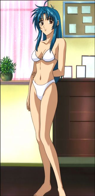 chidori kaname, full metal panic!, anime screenshot, stitched, third-party edit, 00s, 1girl, aqua hair, arm behind back, barefoot, bikini, brown eyes, brown hair, female focus, hand on own arm, indoors, long hair, long legs, navel, solo, standing, swimsuit, white bikini