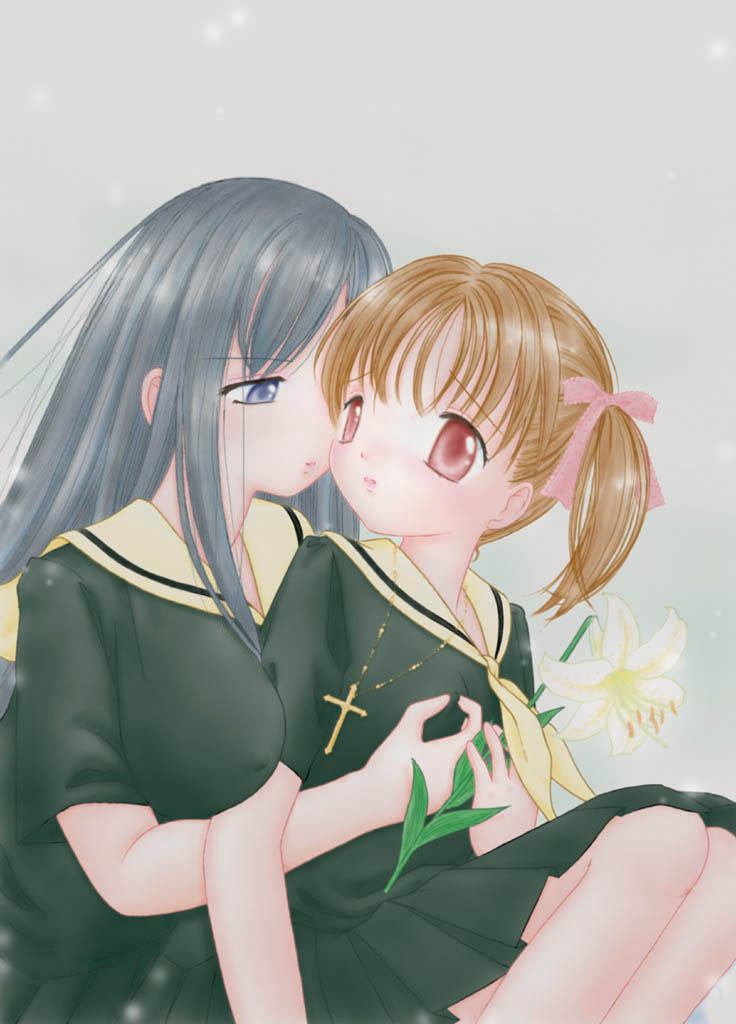 tonami muka, fukuzawa yumi, ogasawara sachiko, maria-sama ga miteru, silver hair, 00s, 2girls, :o, blue eyes, breasts, covered erect nipples, cross, flower, green shirt, green skirt, grey background, hair ribbon, jewelry, large breasts, lips, long hair, looking at viewer, multiple girls, necklace, nipple stimulation, nipple tweak, one side up, parted lips, pendant, pink ribbon, pleated skirt, red eyes, ribbon, school uniform, shirt, short hair, short sleeves, sidelocks, sitting, skirt, small breasts, very long hair, yuri