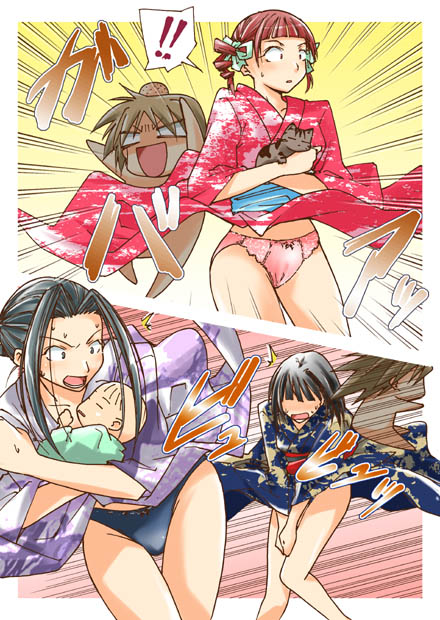 hasekura rei, hosokawa kanako, matsudaira touko, nijou noriko, maria-sama ga miteru, 00s, 4girls, baby, black hair, black panties, bob cut, bow, bow panties, brown hair, cat, clothes lift, dress, dress lift, drill hair, japanese clothes, kimono, lace, lace-trimmed panties, lace trim, multiple girls, obi, panties, pink panties, sash, short hair, short twintails, skirt, skirt lift, surprised, thigh gap, thighs, twintails, underwear