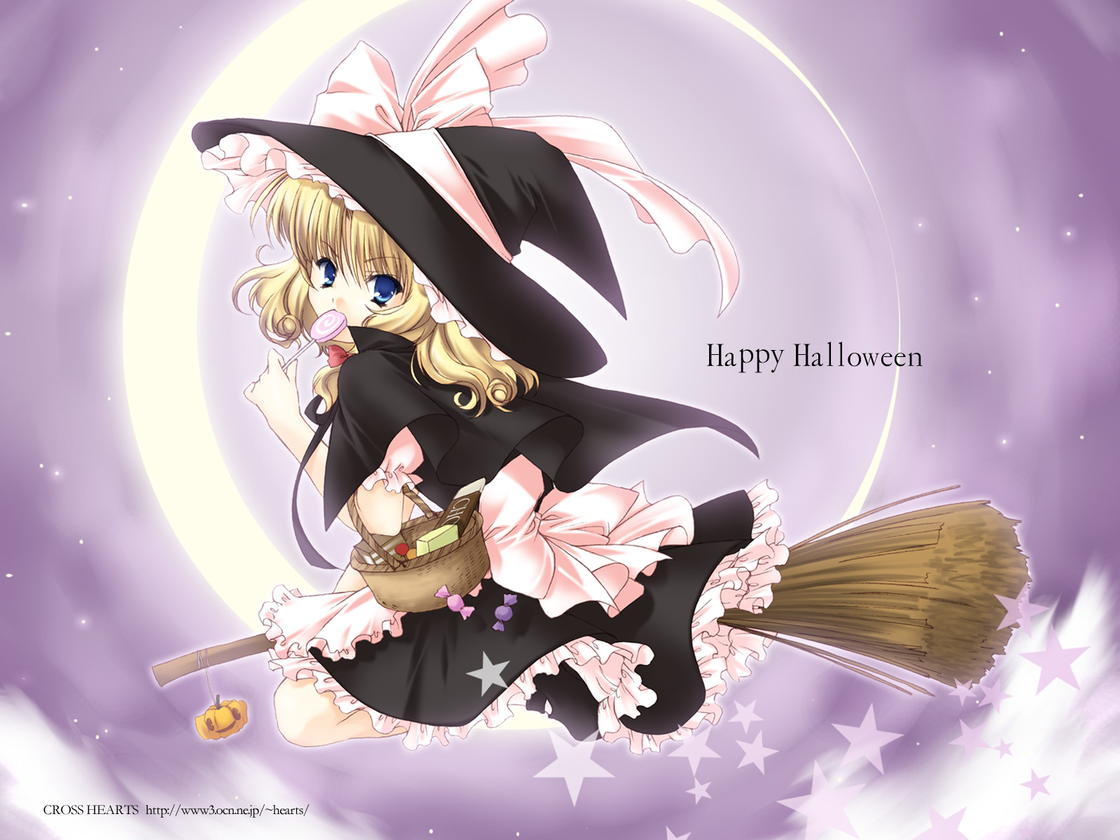 ayase hazuki, kirisame marisa, touhou, highres, 1girl, basket, blonde hair, blue eyes, broom, broom riding, candy, cape, cloud, female focus, flying, food, frills, full moon, gathers, happy halloween, hat, jack-o'-lantern, lollipop, moon, night, pumpkin, ribbon, sky, solo, swirl lollipop, watermark, web address, witch, witch hat