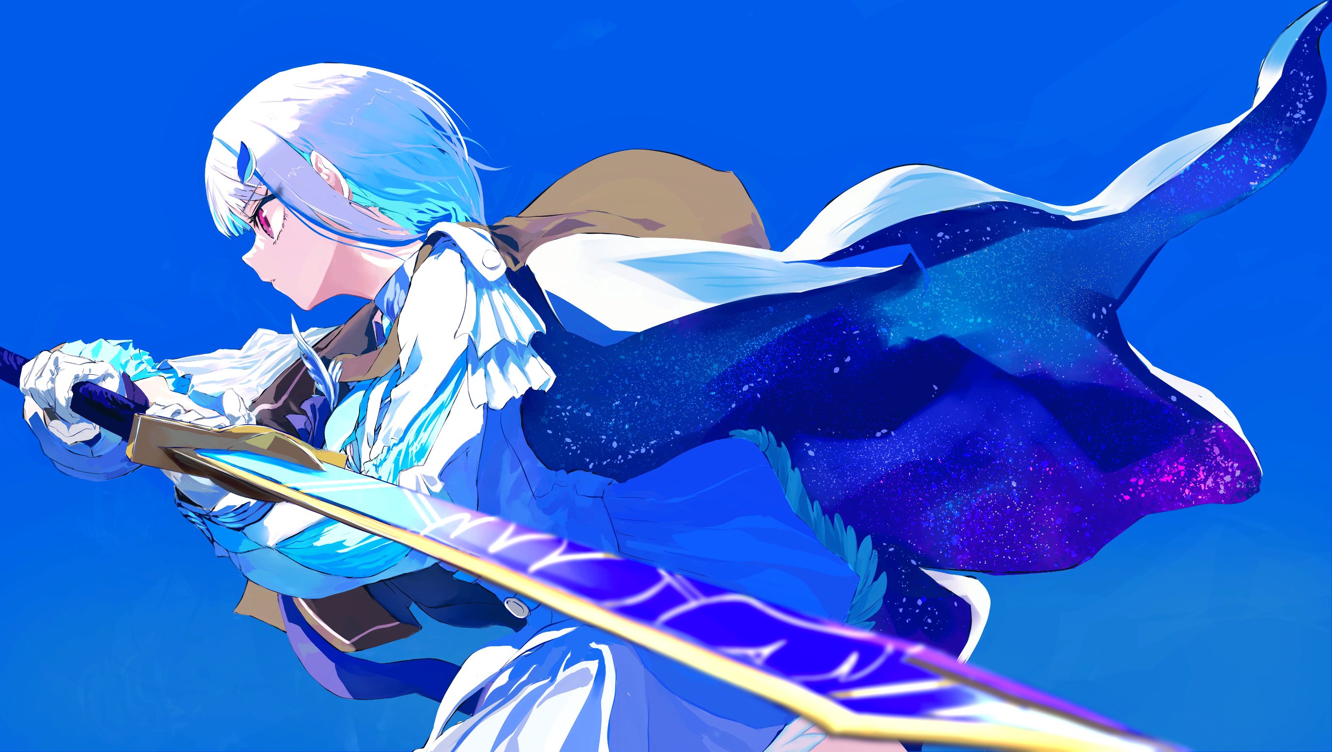 djyui, lize helesta, lize helesta (7th costume), nijisanji, commentary request, highres, 1girl, blue background, blue cape, blue hair, blue sword, blurry, blurry foreground, cape, closed mouth, cowboy shot, depth of field, fighting stance, floating cape, from side, gloves, golden sword, hair ornament, hands up, holding, holding sword, holding weapon, jacket, long sleeves, looking ahead, miniskirt, multicolored hair, profile, puffy long sleeves, puffy sleeves, purple eyes, simple background, skirt, solo, starry sky print, streaked hair, sword, two-handed, two-sided cape, two-sided fabric, two-tone hair, virtual youtuber, weapon, white cape, white gloves, white hair, white jacket, white skirt