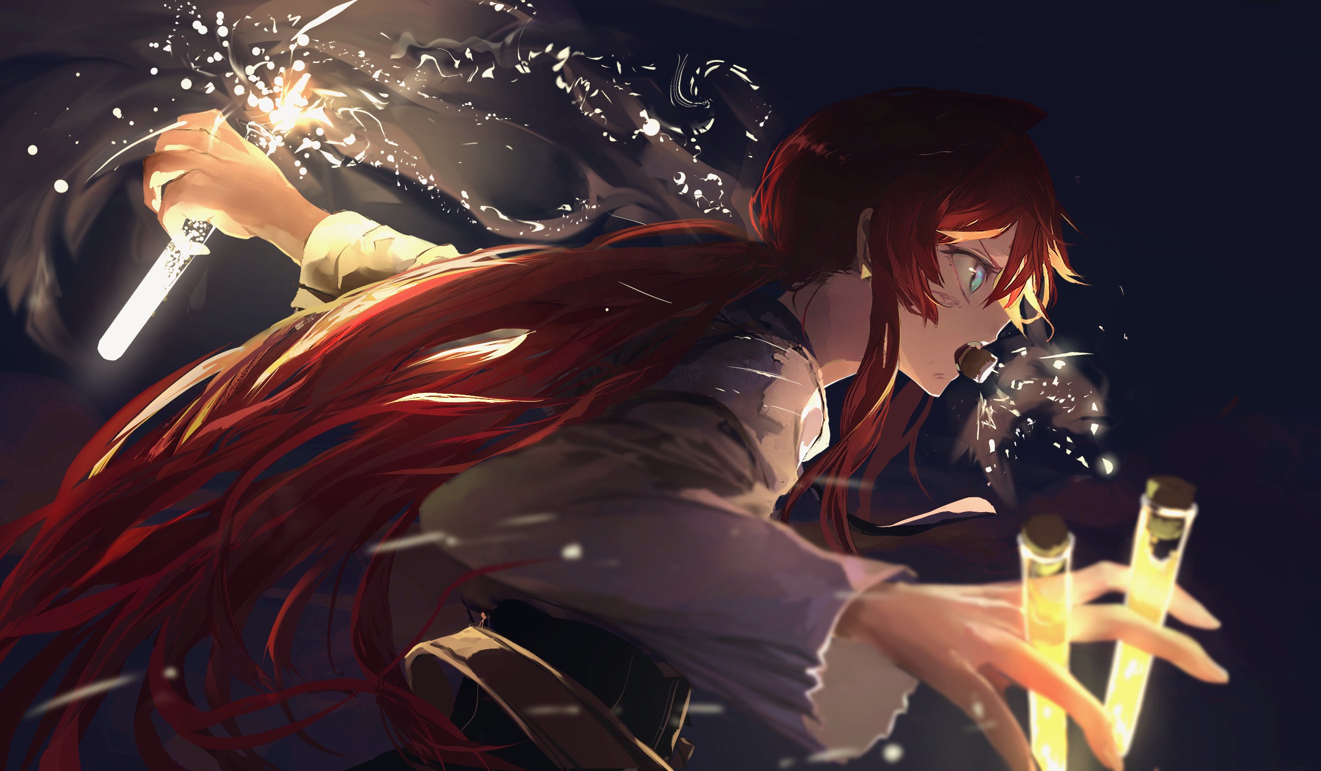 djyui, ange katrina, ange katrina (4th costume), nijisanji, commentary request, highres, 1girl, aqua eyes, arm up, belt, black skirt, blurry, blurry foreground, brown belt, cork, depth of field, determined, fighting stance, from side, glowing, glowing liquid, grey shirt, hand up, high-waist skirt, long bangs, long hair, long sidelocks, long sleeves, looking ahead, low ponytail, mouth hold, pleated sleeves, ponytail, profile, purple background, red hair, scrape, shirt, sidelocks, skirt, solo, sparks, test tube, upper body, very long hair, virtual youtuber