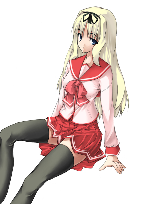 nakamura kusata, kusugawa sasara, to heart (series), to heart 2, 00s, black thighhighs, pleated skirt, school uniform, serafuku, skirt, solo, thighhighs, zettai ryouiki