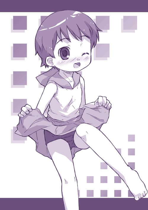 shimo-san, original, 1girl, barefoot, clothes lift, female focus, lifting own clothes, loli, monochrome, one-piece swimsuit, school swimsuit, skirt, skirt lift, solo, swimsuit, swimsuit under clothes