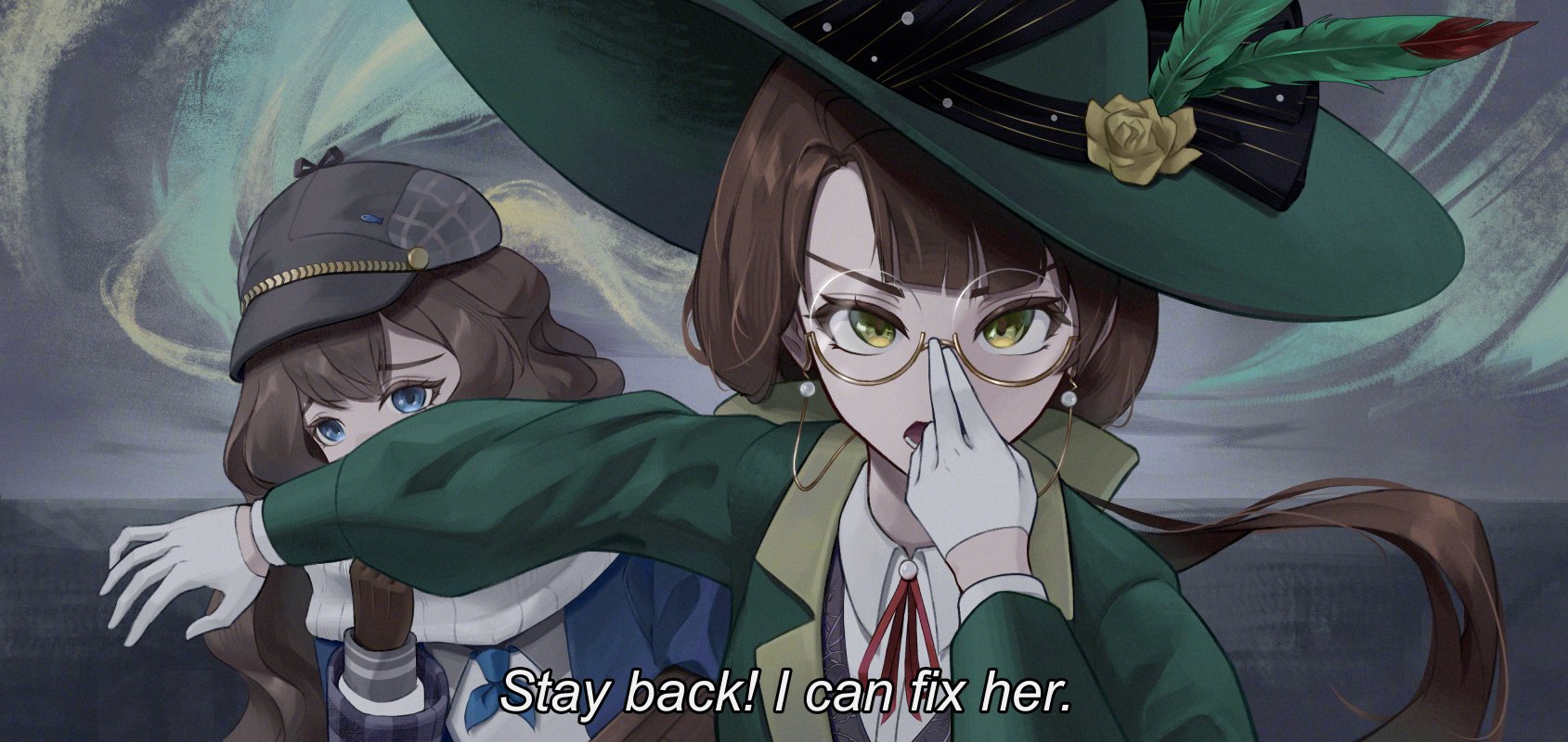 kakania (reverse:1999), marcus (reverse:1999), reverse:1999, highres, 2girls, black neckerchief, blue coat, blue eyes, blue sky, brown hair, coat, collared shirt, english text, eyewear strap, flower, glasses, gloves, green eyes, green hat, green jacket, grey hat, hand up, hat, hat feather, hat flower, jacket, looking at viewer, low ponytail, mk4 16, multiple girls, neck ribbon, neckerchief, newsboy cap, open mouth, ponytail, red ribbon, ribbon, scarf, shirt, sky, subtitled, upper body, v-shaped eyebrows, white gloves, white scarf, white shirt, yellow flower