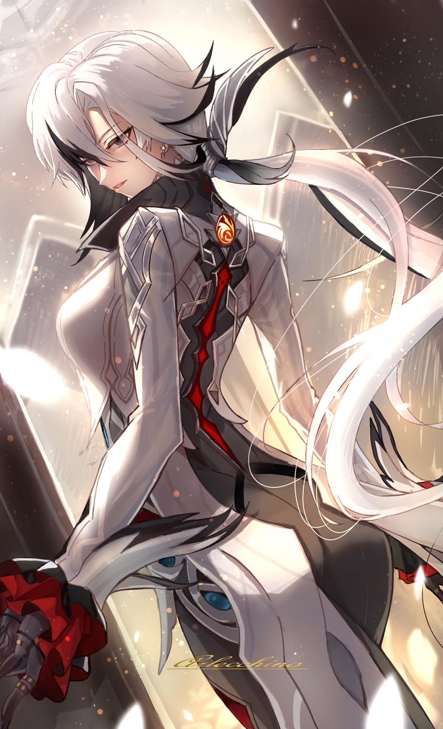 kaji zarame, arlecchino (genshin impact), genshin impact, highres, 1girl, ass, back, black hair, black hands, black pants, breasts, colored extremities, formal clothes, grey eyes, grey vest, jacket, jewelry, long hair, long sleeves, looking at viewer, looking back, medium breasts, multicolored hair, open clothes, open jacket, pants, ponytail, red pupils, ring, streaked hair, suit, symbol-shaped pupils, vest, vision (genshin impact), white hair, white jacket, x-shaped pupils