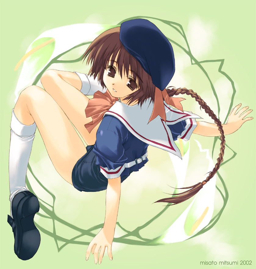 mitsumi misato, original, hat, kneehighs, no pants, one-piece swimsuit, school swimsuit, school uniform, serafuku, socks, solo, swimsuit, swimsuit under clothes