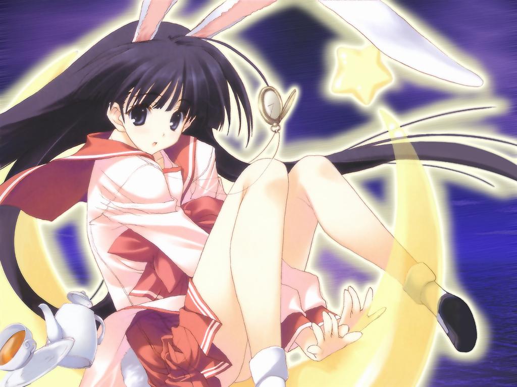 mitsumi misato, nakamura takeshi, kusakabe yuuki (to heart 2), white rabbit (alice in wonderland), alice's adventures in wonderland, to heart (series), to heart 2, 00s, animal ears, moon, pocket watch, rabbit ears, rabbit tail, solo, star (symbol), tail, tea, teapot, watch