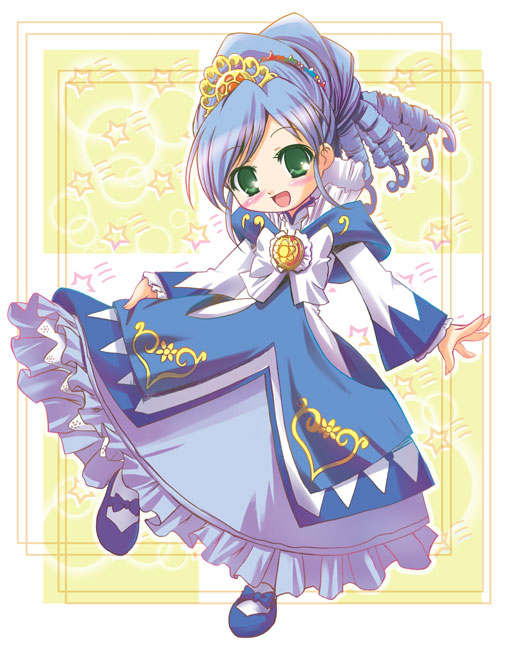 q-gaku, rein (futagohime), rein (prominence dress up) (futagohime), fushigiboshi no futago hime, 00s, 1girl, blue hair, blush, clothes lift, dress, dress lift, drill hair, female focus, frills, gown, green eyes, happy, head tilt, heart, leg lift, long sleeves, open mouth, ponytail, princess, ringlets, shoes, skirt hold, solo, star (symbol), tiara