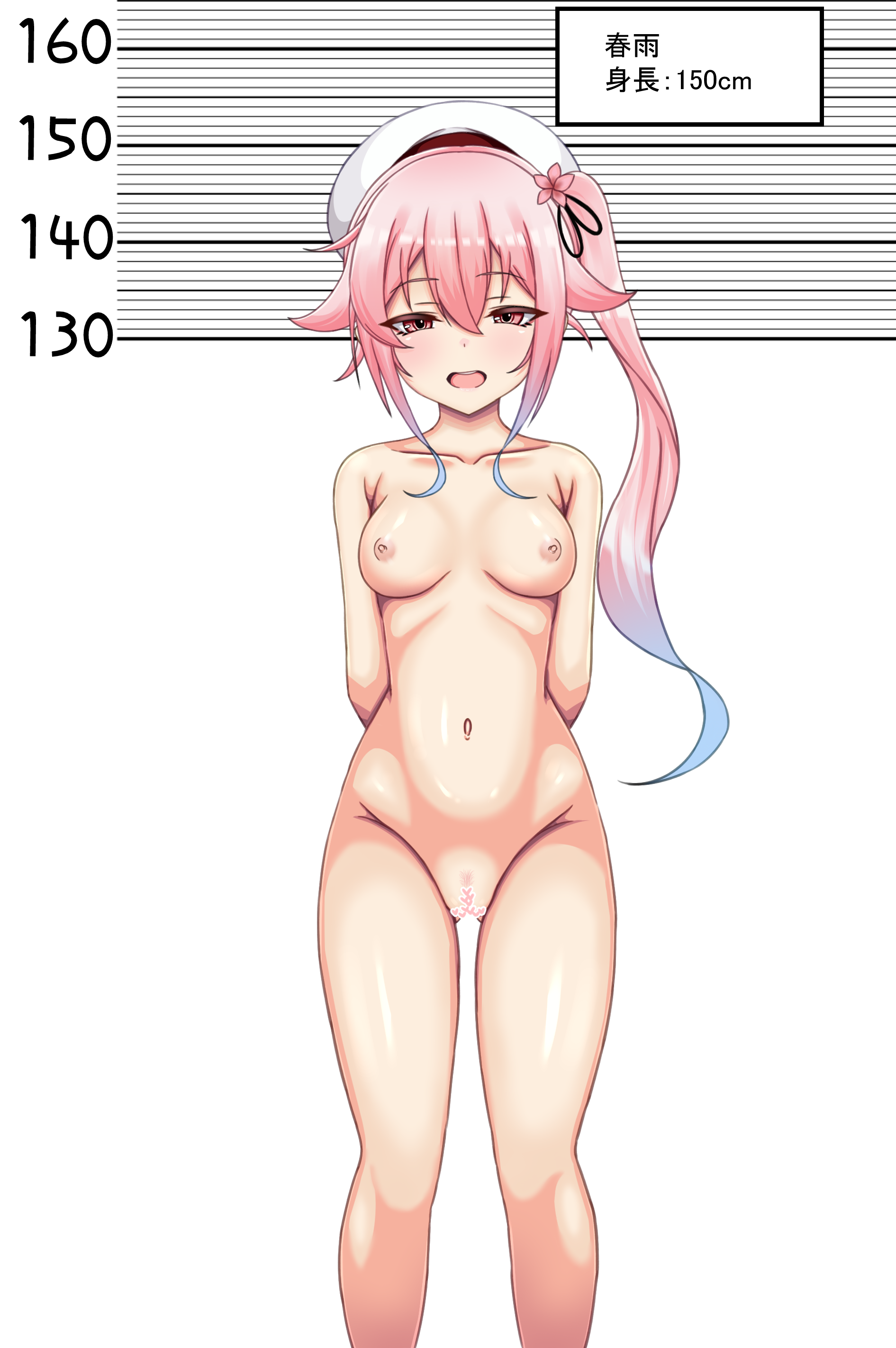 kataarmd, harusame (kancolle), kantai collection, absurdres, highres, translation request, 1girl, beret, blue hair, blush, breasts, censored, completely nude, female pubic hair, gradient hair, hair flaps, hair ribbon, hat, heart, heart censor, height chart, long hair, looking at viewer, medium breasts, multicolored hair, navel, nipples, nude, pink eyes, pink hair, pubic hair, ribbon, side ponytail, solo, very long hair, white hat