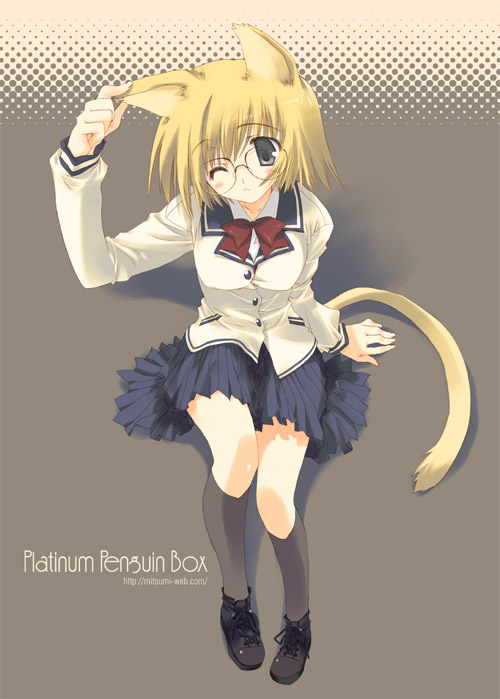 mitsumi misato, original, animal ears, black shoes, blazer, cat ears, cat tail, glasses, jacket, pleated skirt, school uniform, shoes, skirt, solo, tail