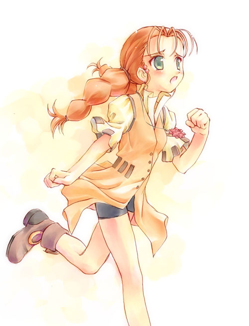 takoyaki (roast), kameo (gunxsword), wendy garrett, gunxsword, 1girl, bike shorts, blush, boots, braid, brown hair, dress, female focus, green eyes, hair bobbles, hair ornament, jewelry, long hair, necklace, open mouth, running, solo, turtle, twin braids